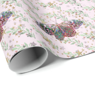 Papper för omslagning av rosa Butterfly & Löv Presentpapper