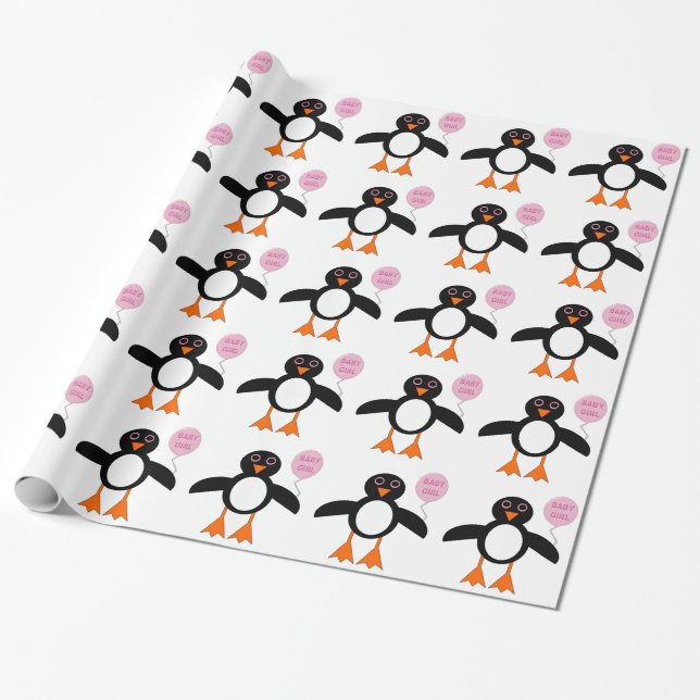 Papper för omslagning av Rosa Flicka Penguin Presentpapper (Utrullad)