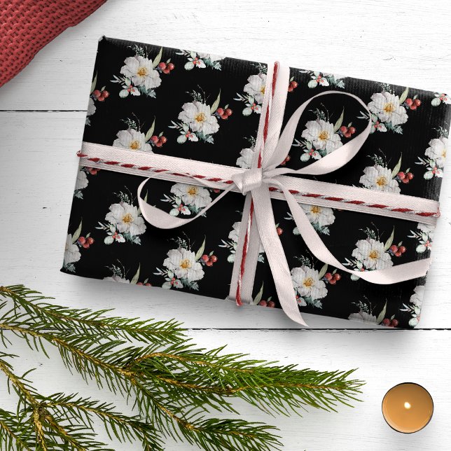 Papper för omslagning av svart botaniskt Helgdag Presentpapper (Black White Red Boho Floral Christmas Holiday Wrapping Paper)