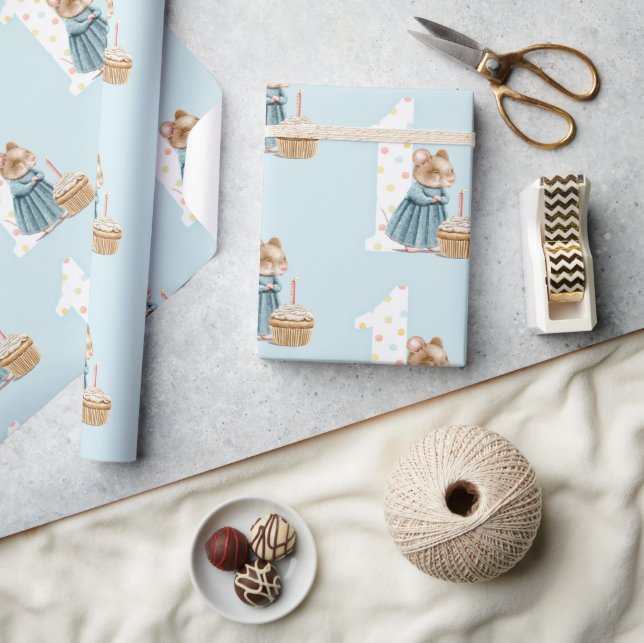 Papper för radbrytning av cute-mus första födelsed presentpapper (Hantverk)