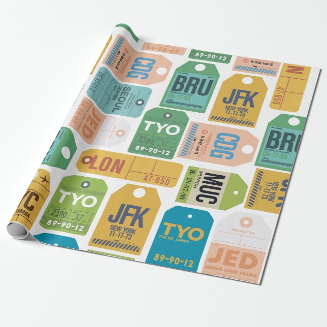 Papper för radbrytning av vintagens resgodstaggar presentpapper (Utrullad)