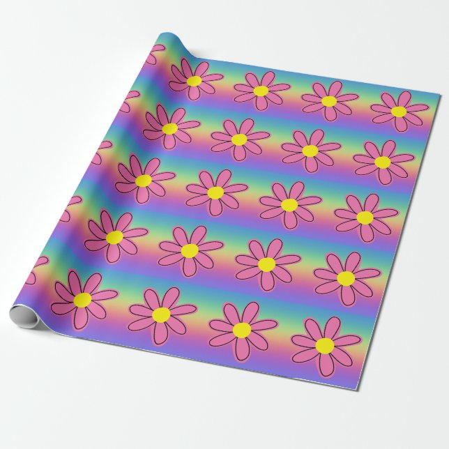 Papper för regnbåge och blommor presentpapper (Utrullad)