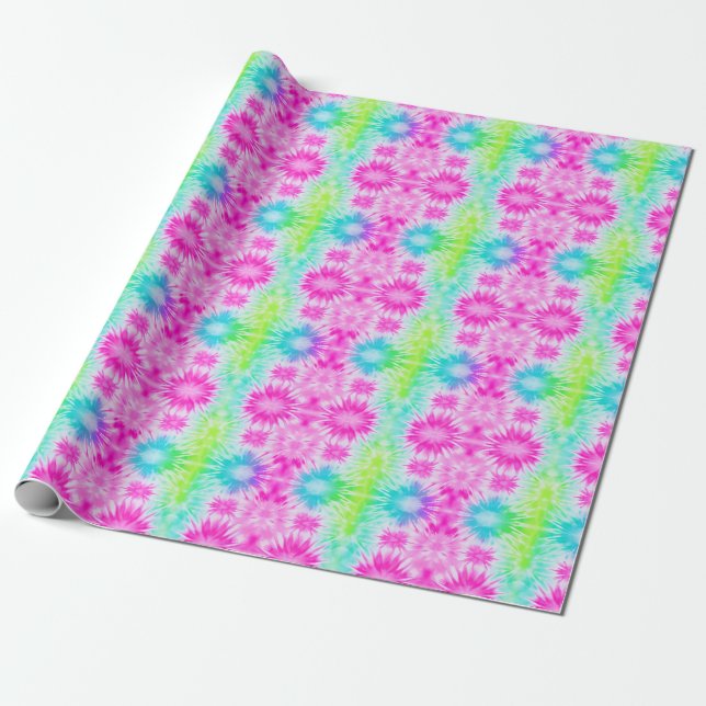 Papper för rosa Blue & Grönt Tie Dye Wrapping Presentpapper (Utrullad)