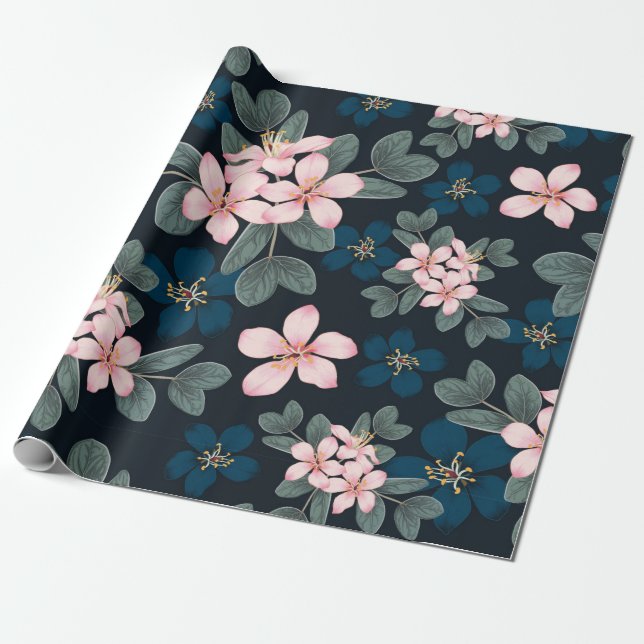 Papper för Rosa Flowers Wrapping Presentpapper (Utrullad)
