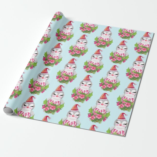 Papper för sommarpenguin i Santa Hat Wrapping Presentpapper (Utrullad)