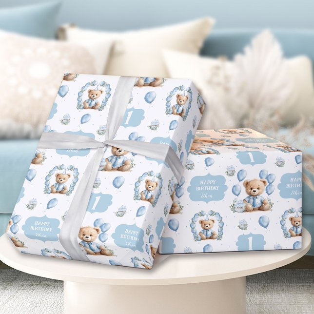 Papper för utskuren björnblå 1:a födelsedag Namn Presentpapper (Cute Bear Blue 1st Birthday Name Wrapping Paper)