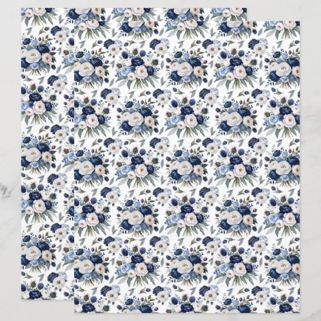 Papper för Watercolor Blue Peonies Scrapbook (Fram/baksida)