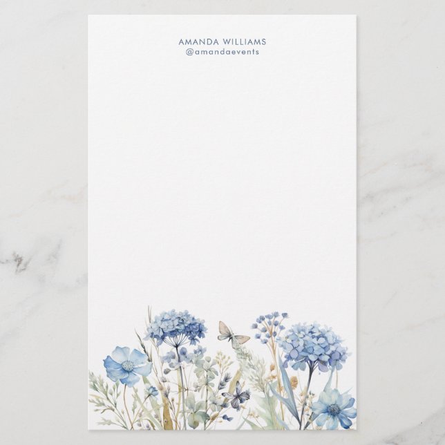 Papper för Watercolor Blue Wildblommor Stationery (Framsida)