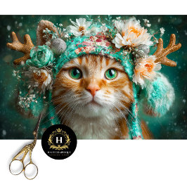 Papper för Winter Antler Cat Blommigt Decoupage Cr