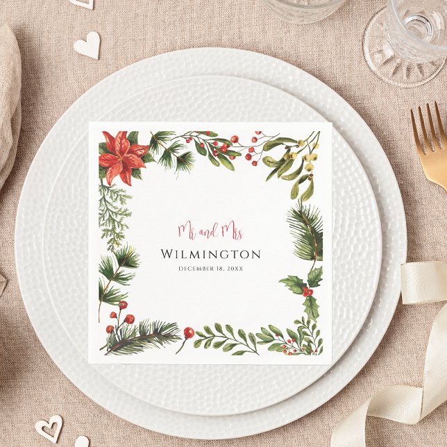 Papper för Winter Poinsettia Greenery Blommigt Brö Pappersservett (Christmas Greenery Red Berries Script Wedding Reception Paper Napkin)