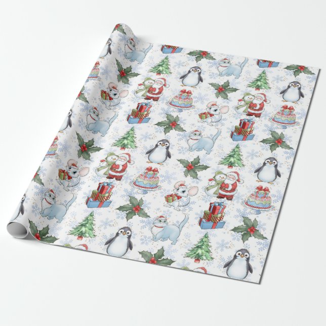 Papper för Wrapping av Santa Snögubbe Cat Penguin  Presentpapper (Utrullad)