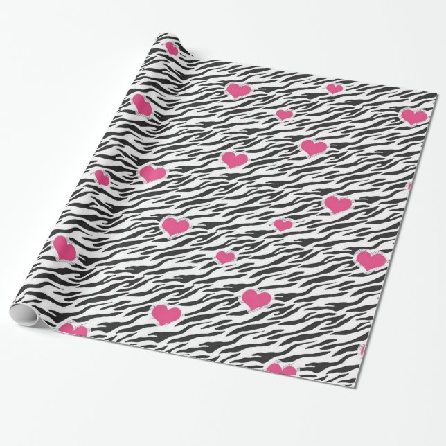 Papper för zebra mönstrad och Rosa Hearts Wrapping Presentpapper (Utrullad)