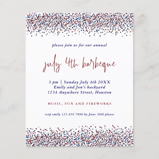 PAPPER | Glitter Red Blue White 4 juli BBQ Inbjuda Flygblad (Framsidan)