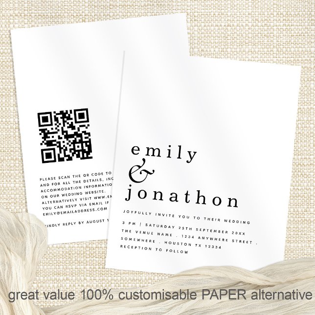 PAPPER inbjudan till QR-kodbröllop med enkel text Flygblad (Front and back view of the great value paper invite)