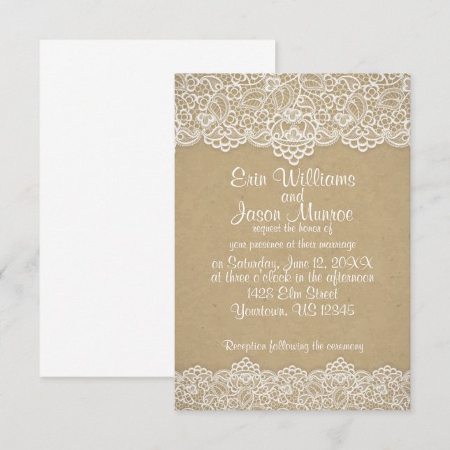 Papper inbjudan till White Snöre Brown bröllop (Fram/baksida)