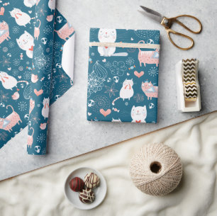 Papper inslagning av katt, fåglar och hjärter presentpapper