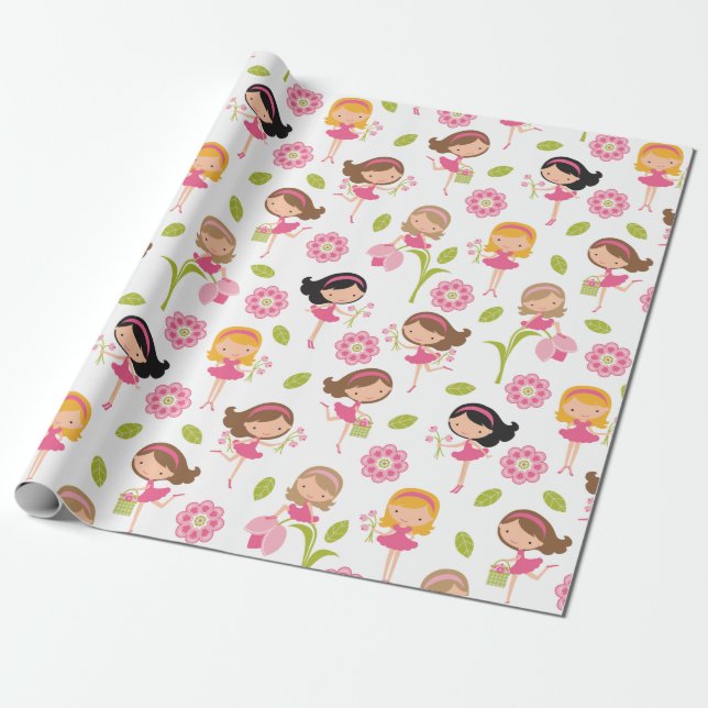 Papper inslagning av Rosa Flower Girls Presentpapper (Utrullad)