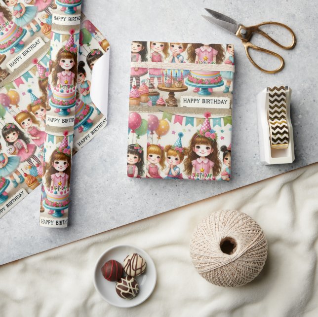 Papper insvällning av vattenfärgsflickor Grattis p Presentpapper (Hantverk)