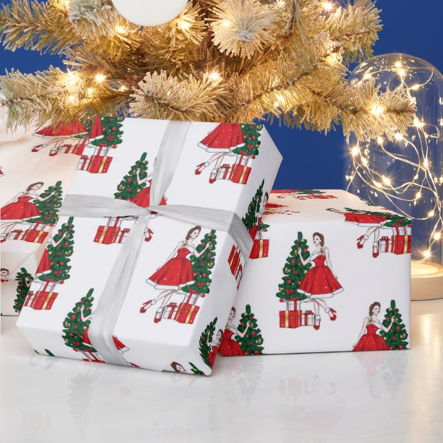 Papper jul med flicka och träd mönster presentpapper (Helgdagar)