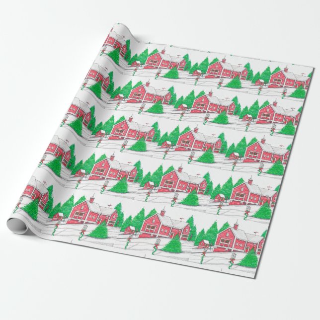 Papper Jul Red Barn Wrapping Presentpapper (Utrullad)