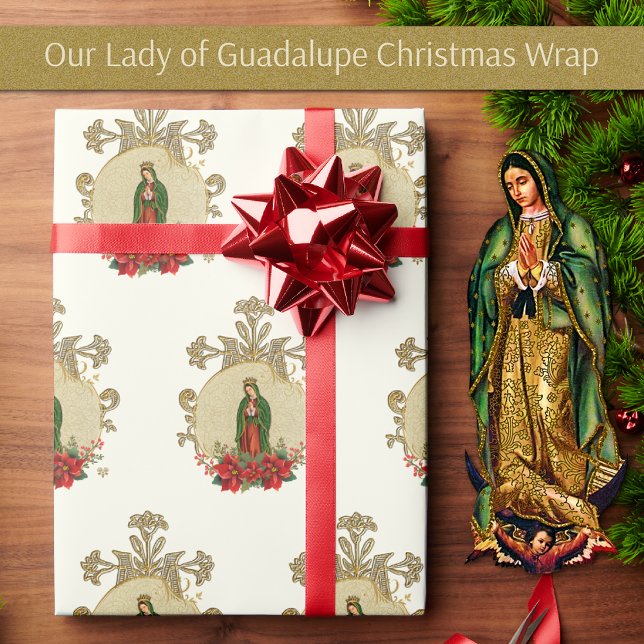 Papper Jul Virgin Mary Guadalupe Wrapping  Presentpapper (Our Lady of Guadalupe Christmas Wrapping Paper with poinsettias)