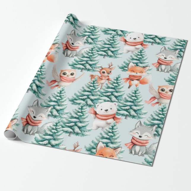 Papper julafton för Cute Baby djur Presentpapper (Utrullad)