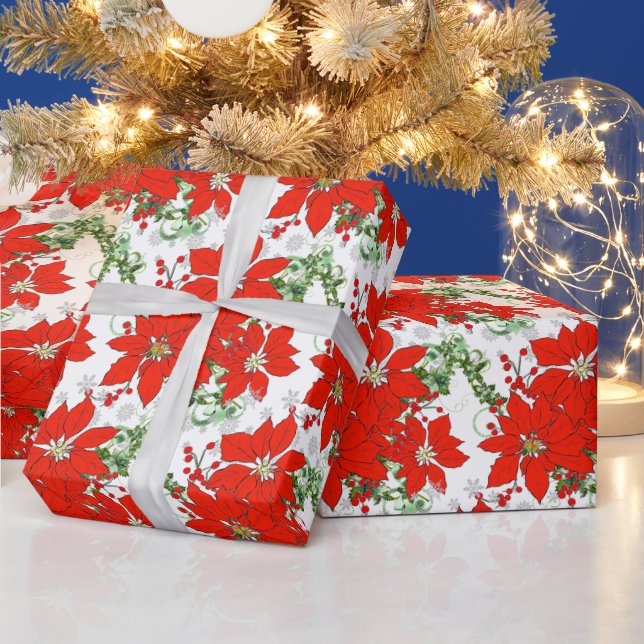 Papper julafton Red Poinsettias Wrapping Presentpapper (Helgdagar)