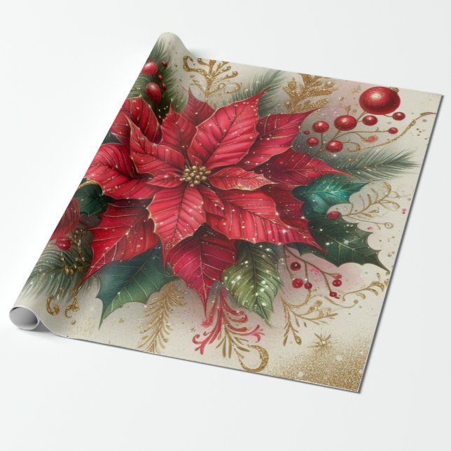 Papper julafton Röda poinsettia Flower Wrapping Presentpapper (Utrullad)