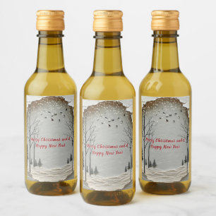 Papper klippning av vinter-skogen Snöflingor-fågla Vinetikett