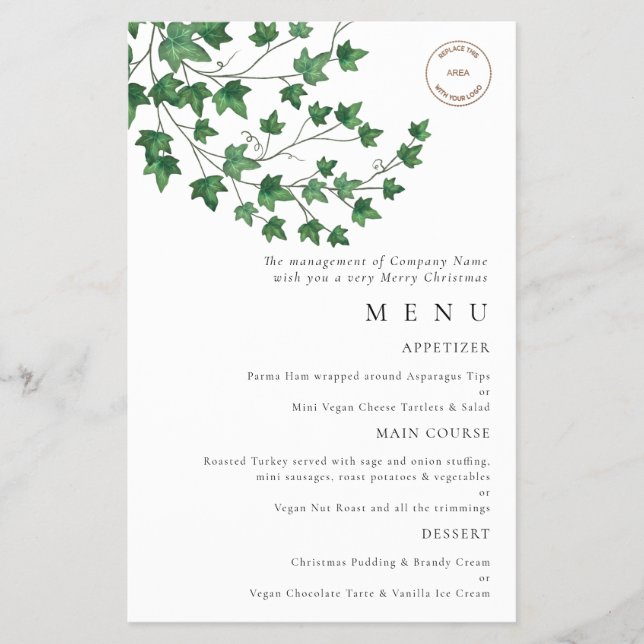 PAPPER | Logotyp Ivy jul Party Menu Flygblad (Framsidan)