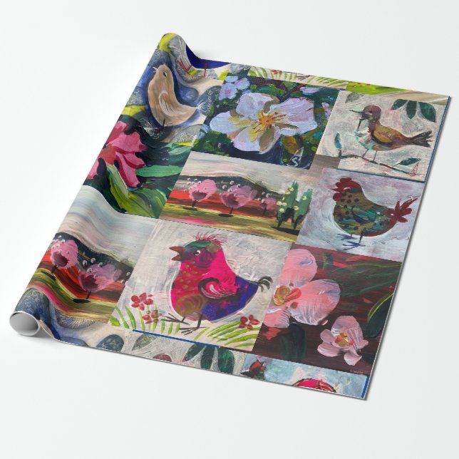 Papper med fåglar och blommor presentpapper (Utrullad)