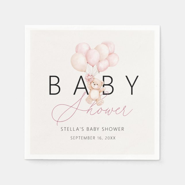 Papper med flicka, teddybjörn och ballonger för ba pappersservett (Framsidan)