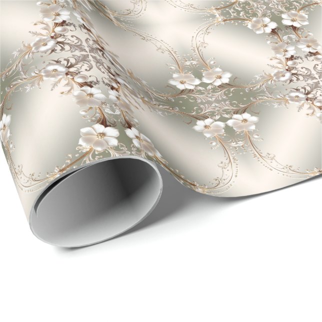 Papper med utsmyckad vit blomsterkant presentpapper (Rullad Hörn)
