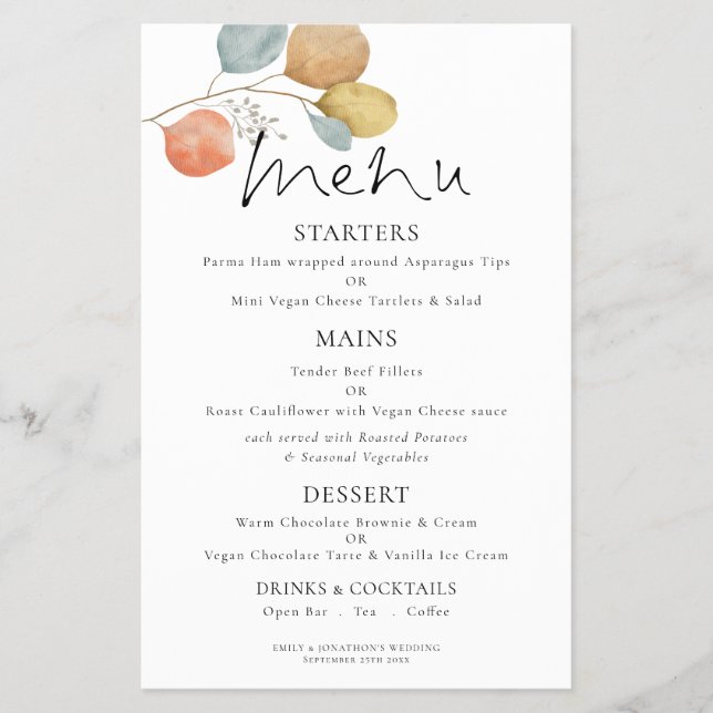 PAPPER | Meny för Modern vattenfärg, Bröllop (Framsidan)