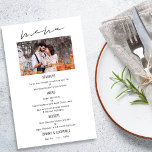 PAPPER | Menyn Modern skriptfoto Bröllop Flygblad<br><div class="desc">PAPPER | Skriptfotovit Bröllop-meny. Ett prist PAPPER (inte kort) med underbar valuta. Huvudrubrikmenyn finns i ett skript för snyggt och resten av texten kan du enkelt anpassa. Du kan ändra färger och bakgrund om du vill matcha bröllop färg-temat med alternativet Anpassa ytterligare och andra redigeringar som du kan behöva. Om...</div>