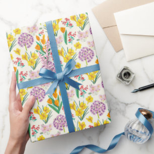 Papper omslagning av blommigt-tulp-fält gult och presentpapper