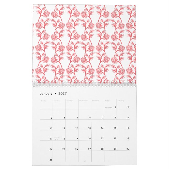 Papper omslagning av rött och rosa med upprepande kalender (Jan 2027)