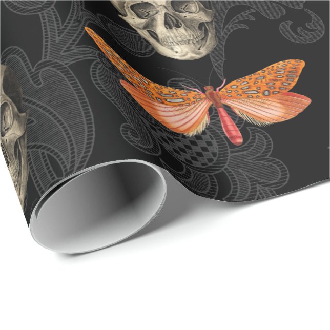 Papper omslagning av Skull & Butterfly Black Snöre Presentpapper (Rullad Hörn)