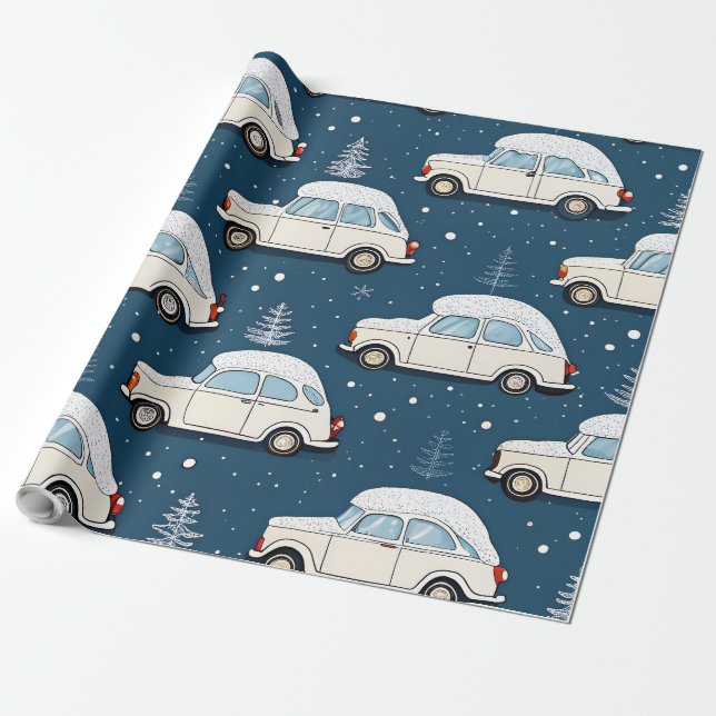 Papper omslagning av Snö Retro-bilpremium Presentpapper (Utrullad)