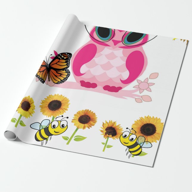 Papper omslagning av solrosblommor Uggla Bumblebee Presentpapper (Utrullad)