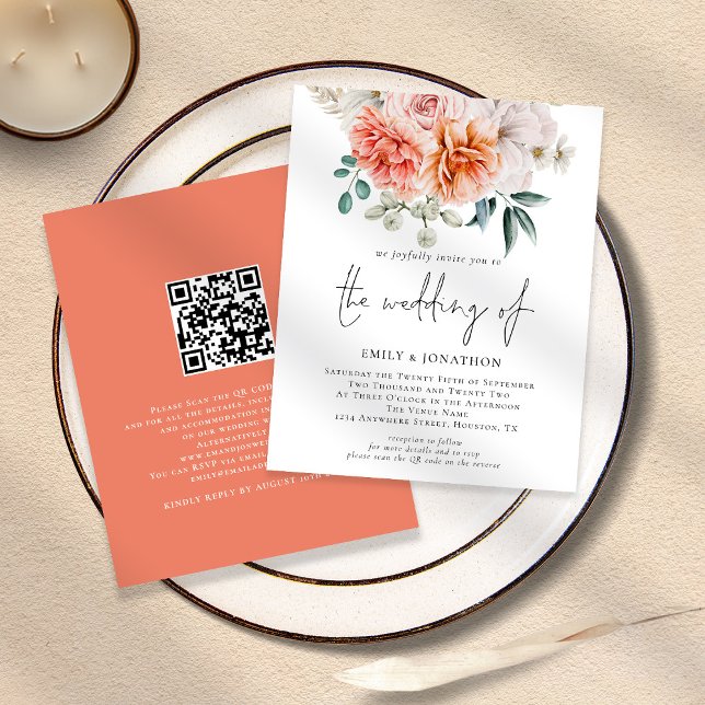 PAPPER Peach Peonies Blommigt QR Code Wedding bjud Flygblad (Skapare uppladdad)