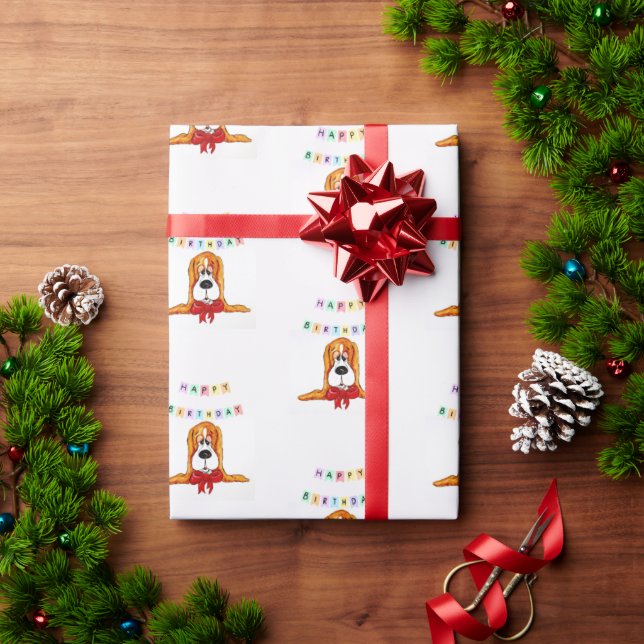 Papper radbrytning av Basset Hound Birthday Wrappi Presentpapper (Julgåva)