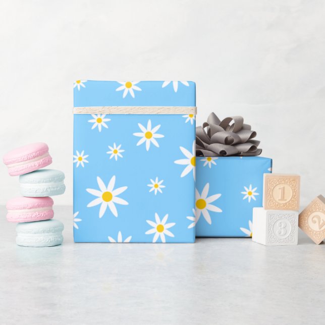 Papper radbrytning av blå Daisy Presentpapper (Baby Shower)