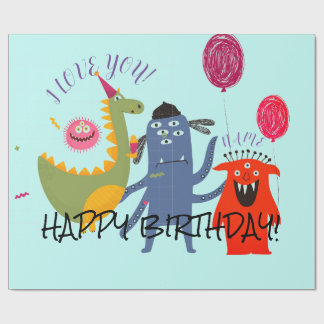 Papper radbrytning av LYCKLIG MONSTER BIRTHDAY-NAM Presentpapper