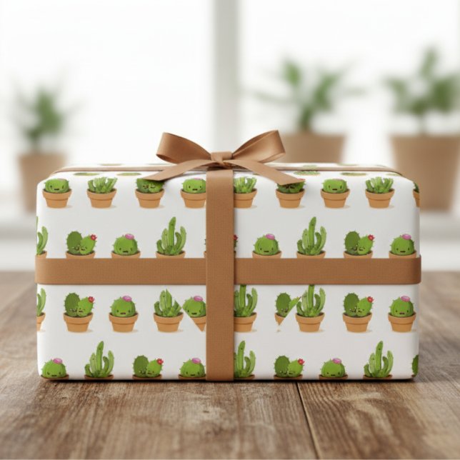 Papper radbrytning av negativa aktualitetstecken presentpapper (Adorable Cactus Characters Wrapping Paper)