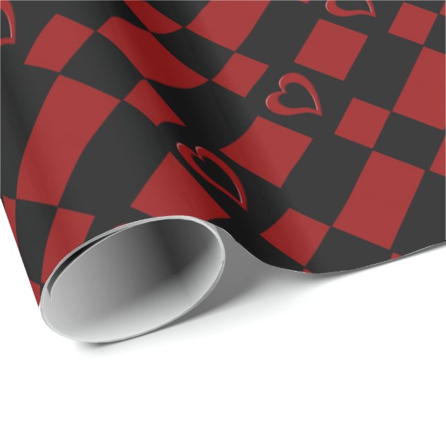Papper radbrytning av Red & Black Checkered Heart  Presentpapper (Rullad Hörn)