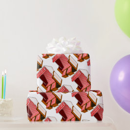 Papper radbrytning av rött och vitt persikofärgade presentpapper