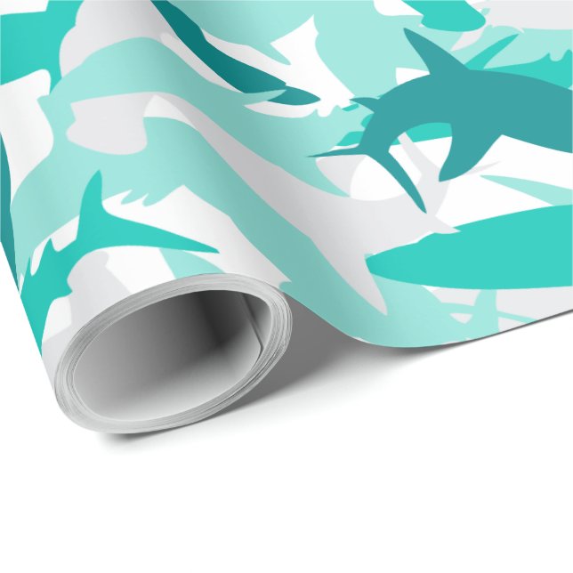 Papper radbrytning av Shark White & Teal Camouflag Presentpapper (Rullad Hörn)