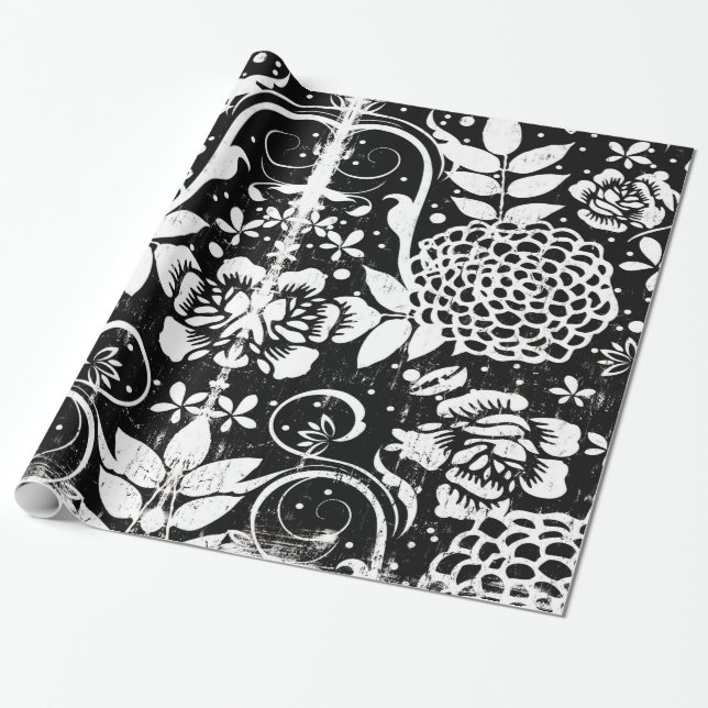 Papper radbrytning av svart och vit Blommigt Presentpapper (Utrullad)
