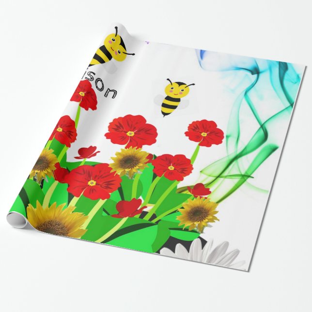Papper radbrytning, Bumblebee-Blommigt Presentpapper (Utrullad)